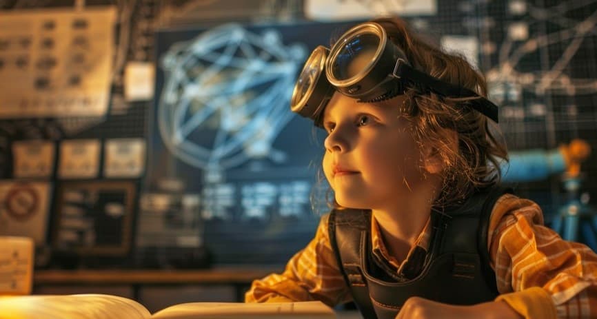 Child with goggles looking at holographic display
